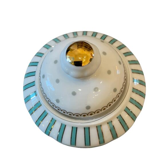 Grace Teaware Fine Porcelain Creamer & Sugar Aqua Blue & White Dots Stripes New - Picture 5 of 16